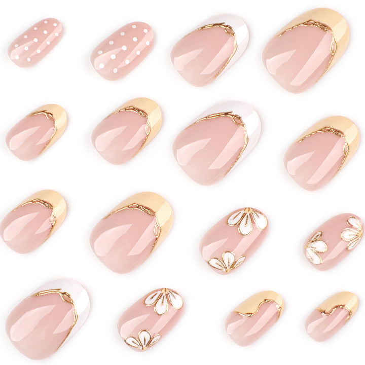 Artful Nail Extensions with Floral Design and Elegant Gold Accents Kalsten