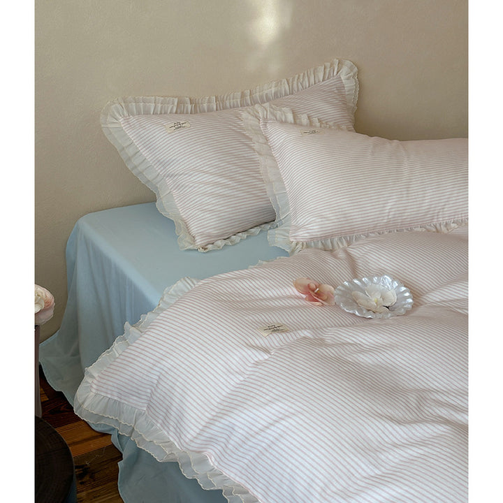 Bedding set made of cotton percale with a fine stripe pattern and gathered ruffle
