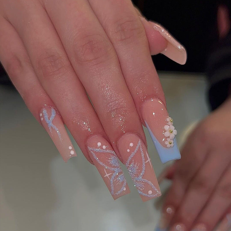 Decorative Long Press-On Nail Set with Floral and Glitter Accents Kalsten