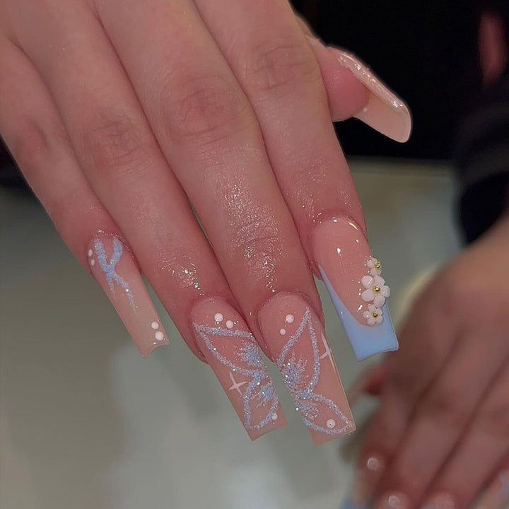 Decorative Long Press-On Nail Set with Floral and Glitter Accents Kalsten