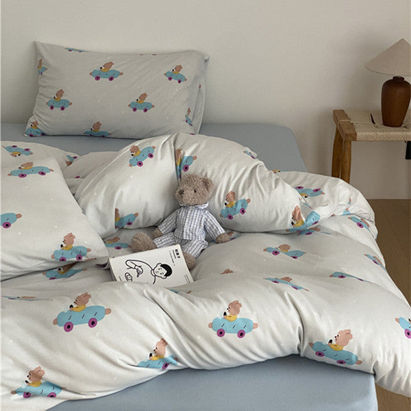 Children's bedding set with cute car bear design made of soft cotton blend