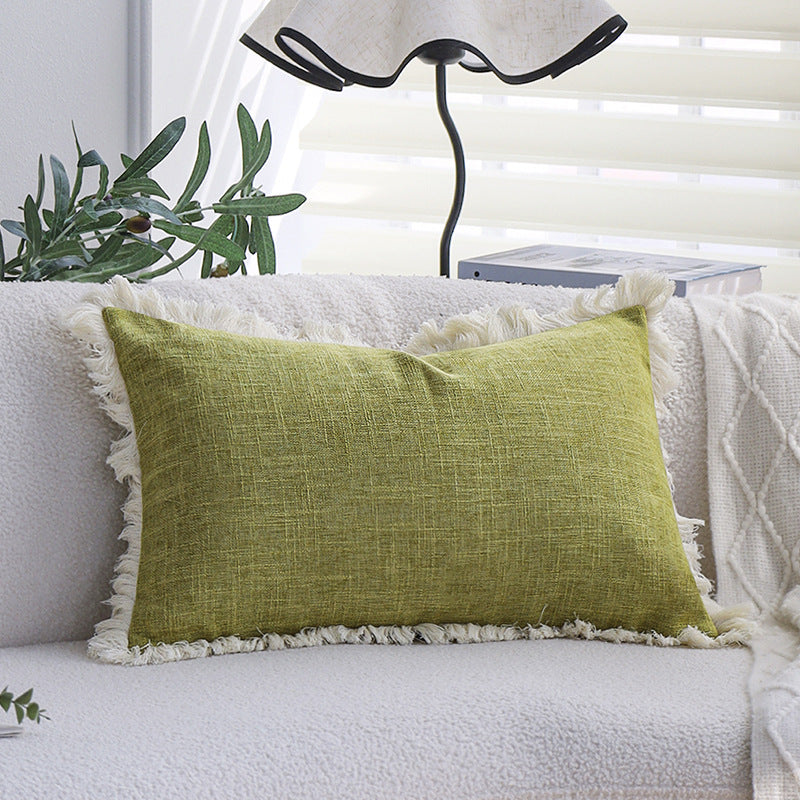 Square decorative pillow cover made of cotton blend with relief rectangular tufts and fringed edge Kalsten