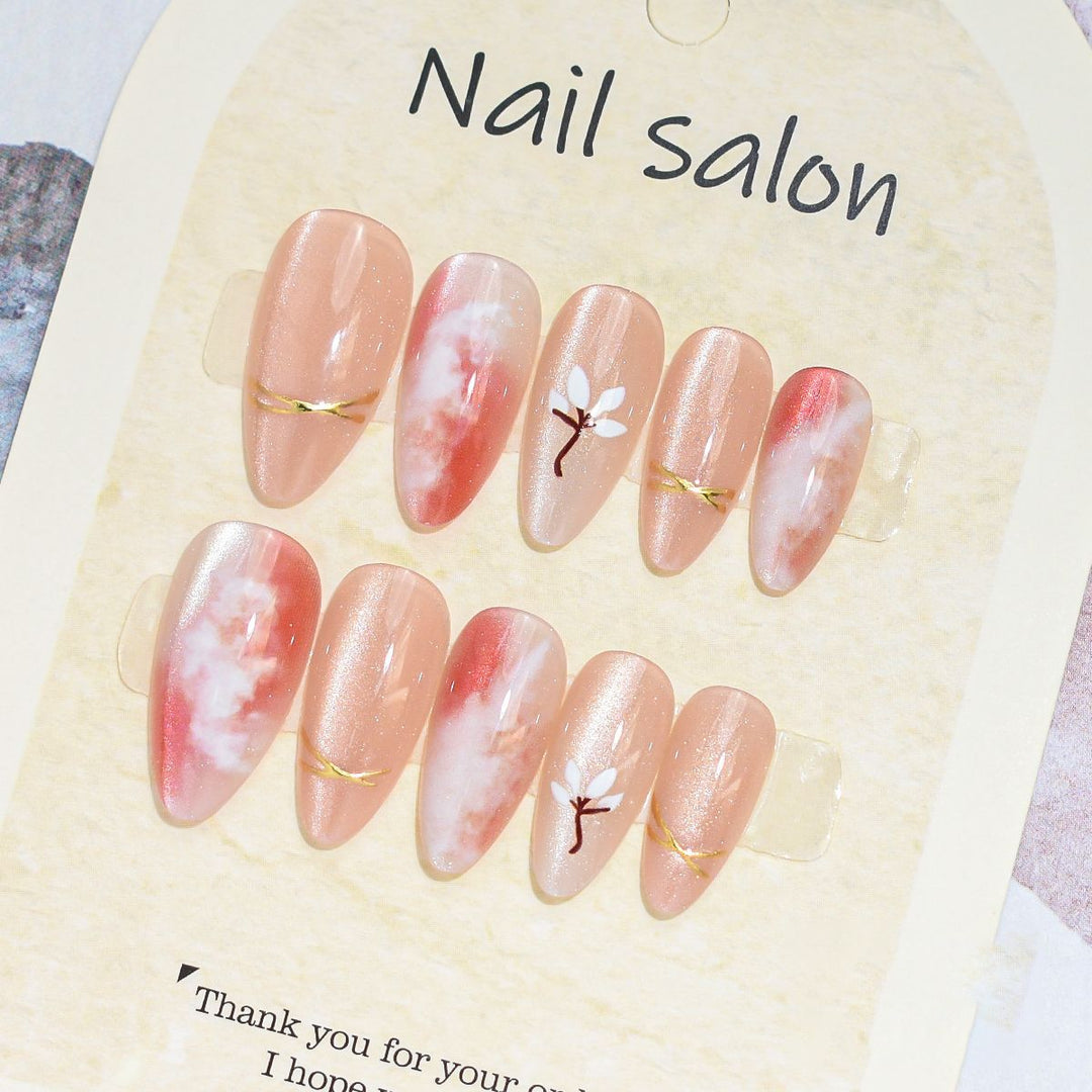 Artistic Press-On Nail Set with Cherry Blossom Design Kalsten