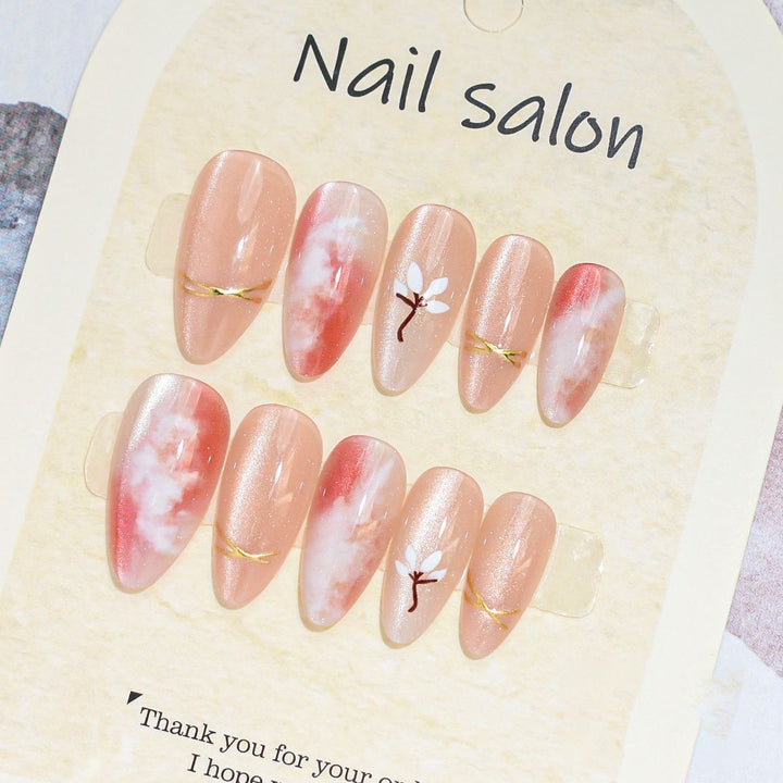 Artistic Press-On Nail Set with Cherry Blossom Design Kalsten