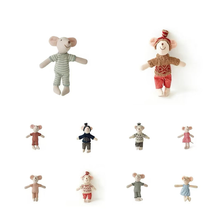 Handcrafted Mouse Plush Doll with Knitted Heart Sweater Pom-Pom Beanie and Gingham Trousers
