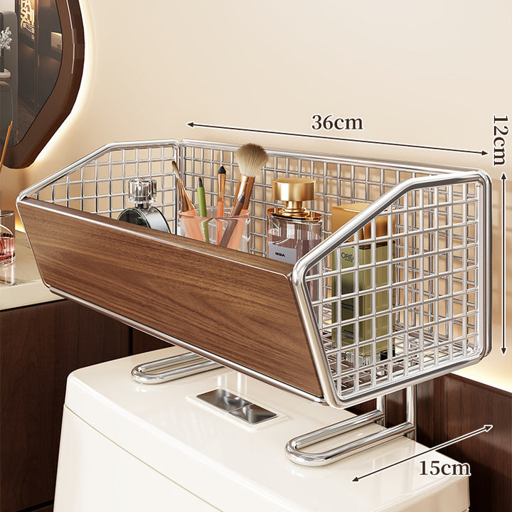Elevated Mesh Bathroom Countertop Organizer Basket with Wood-Front and Chrome Frame