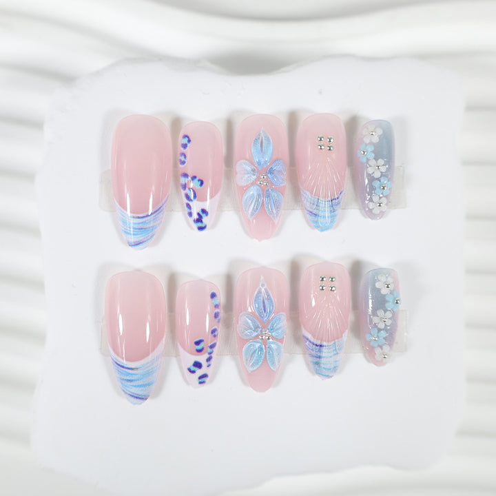 Artificial nail set with exquisite blue flower and glitter embellishments Kalsten