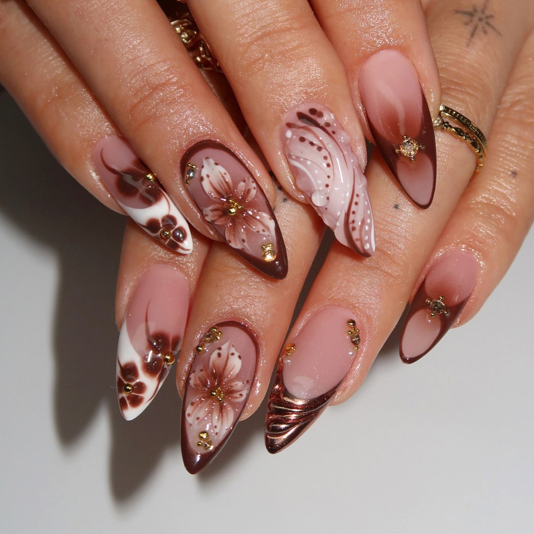 Artistic Press-On Nail Art Set with Floral and Gemstone Accents Kalsten