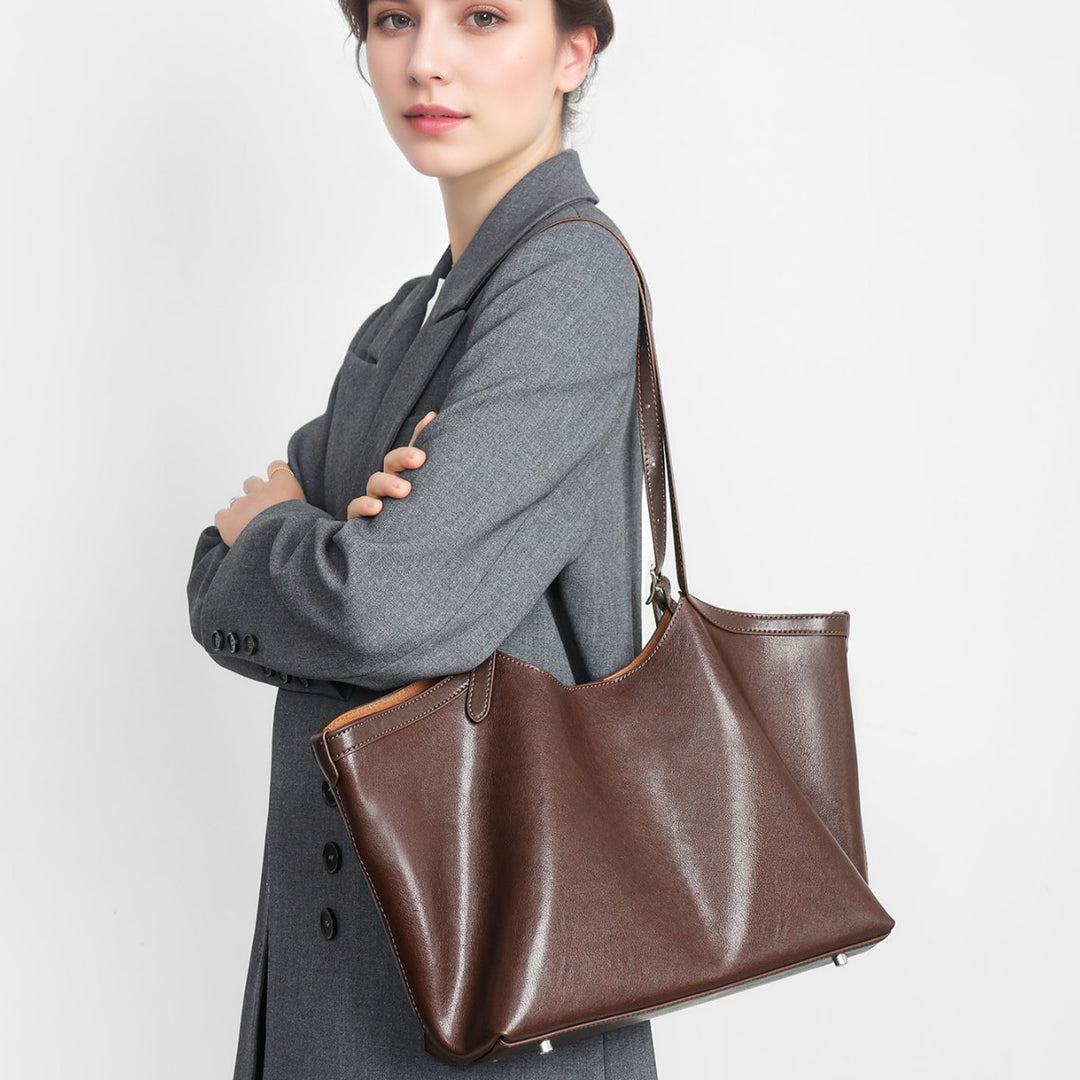 Glossy Smooth Leather-Look Shoulder Tote with Adjustable Buckle Straps & Metal Feet