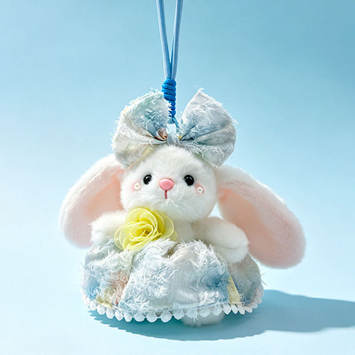 Plush Bunny Bag Charm Keychain with Decorative Bow and Floral Dress Kalsten