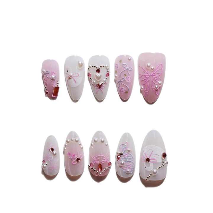 Decorative 3D Bow and Pearl Press-On Nail Art Kalsten