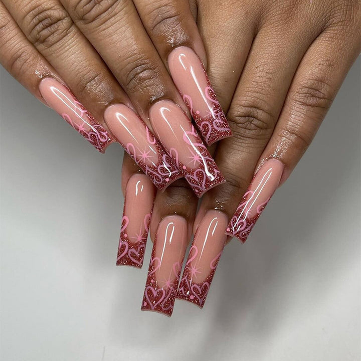 Artistic Press-On Nail Set with Heart and Gold Flake Design Kalsten