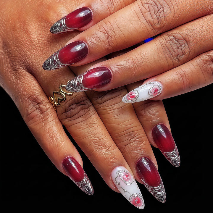 Artificial Nails Set with Elegant Ombre and Rose Designs Kalsten