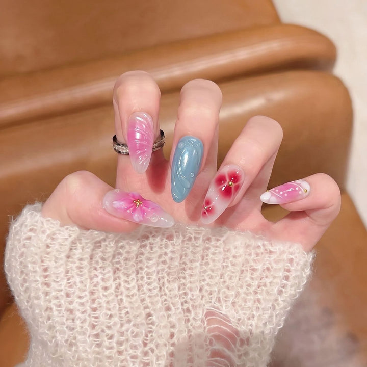 Artistic Press-On Nail Set with Floral and Abstract Designs Kalsten