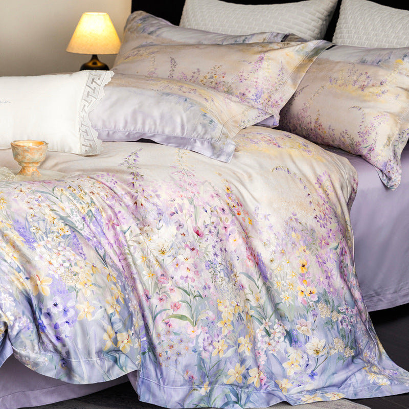 Silk-gloss satin bed linen set with watercolored meadow flower print and concealed zipper