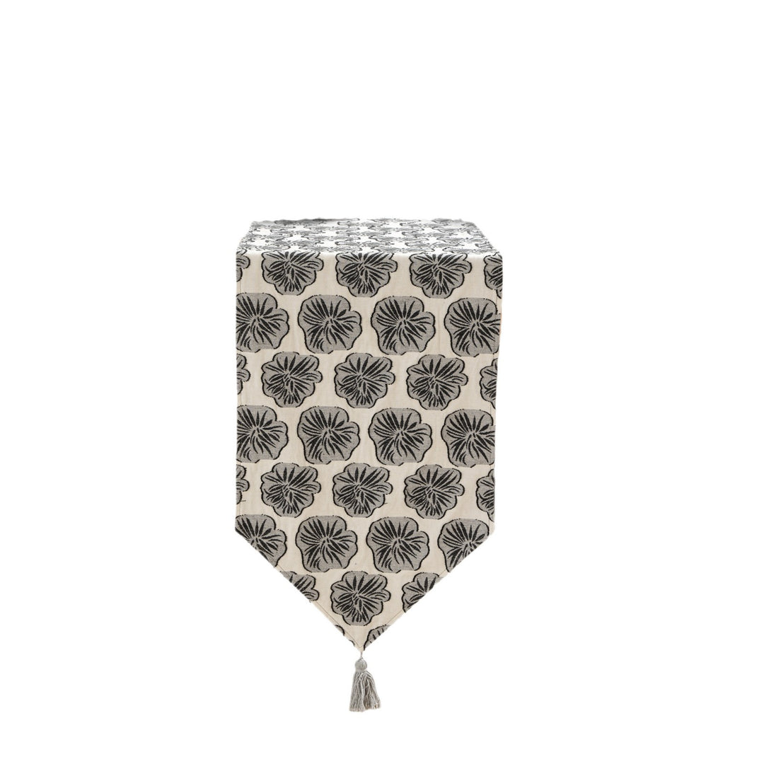 Woven double-sided linen table runner with tassels and hand-drawn swallow print Kalsten