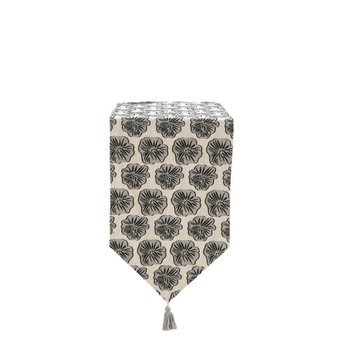Woven double-sided linen table runner with tassels and hand-drawn swallow print Kalsten
