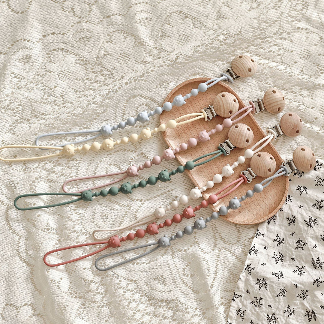 Baby Silicone Bead Teething Pacifier Clip with Wooden Safety Clip