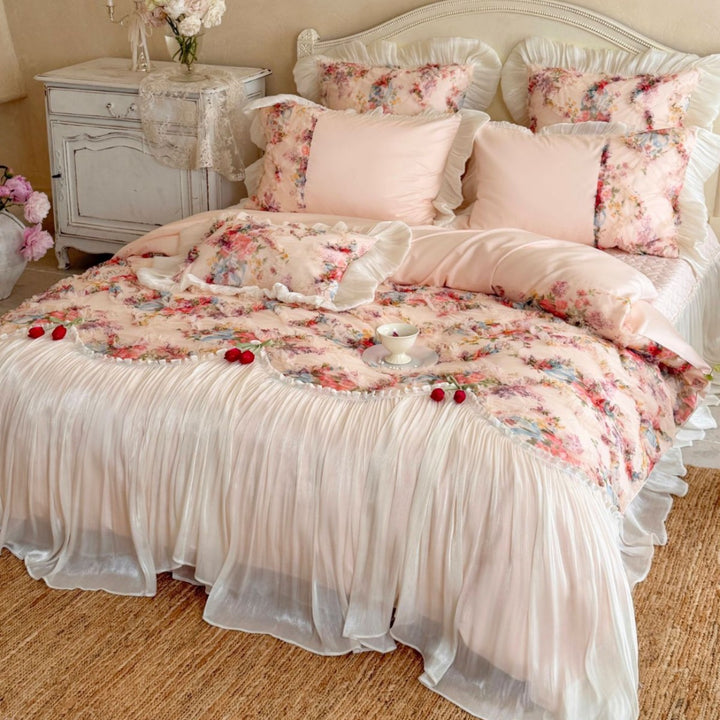 Luxurious multi-piece vintage bedding set with ruffles and floral pattern