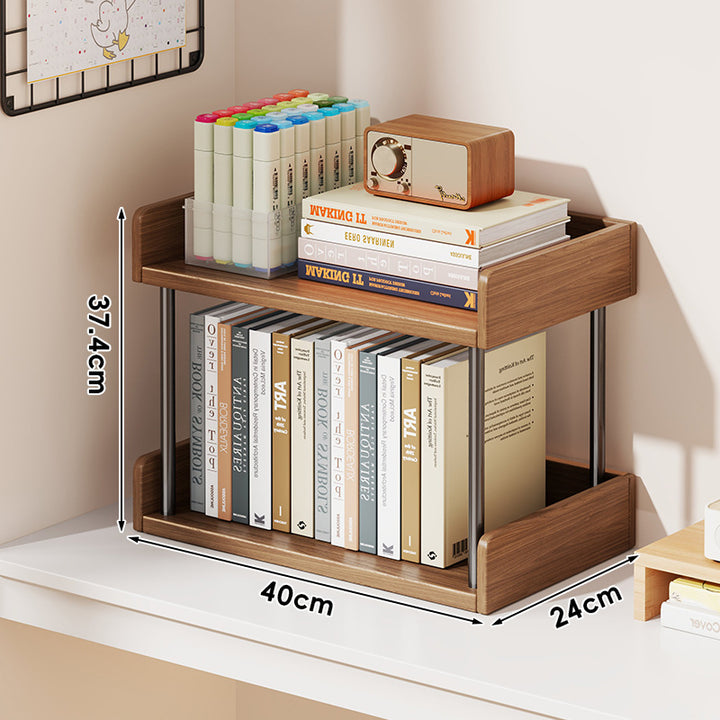 Minimalist Solid Wood Two-Tier Desktop Bookshelf with Metal Support Rods