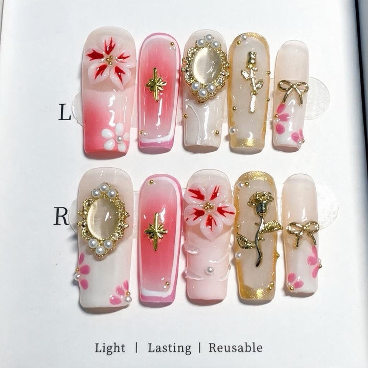 Elegant Floral Themed Press-On Nail Art Set