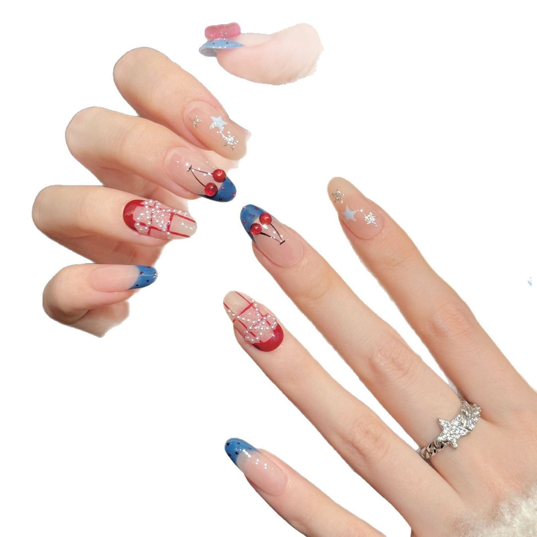 Artistic Press-On Nail Set with Decorative Cherry and Star Accents
