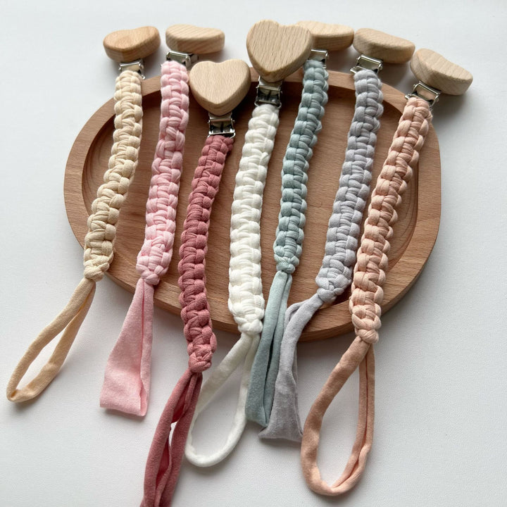 Braided Cotton Pacifier and Teether Clip with Heart Wooden Safety Clamp
