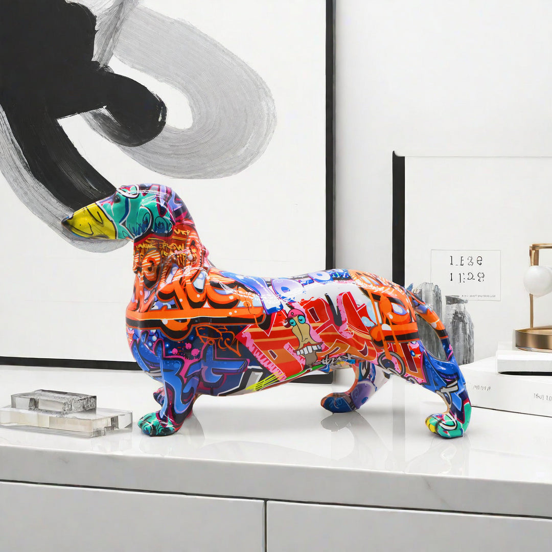 Colorful decoration figure of a dachshund in graffiti style Kalsten