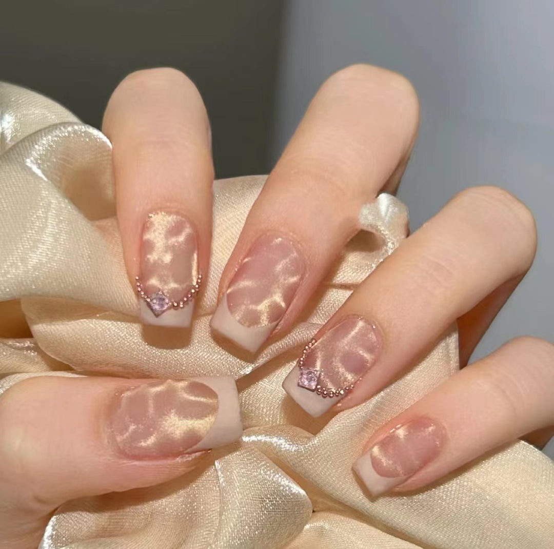 Artistic Nail Design Set with Faux Marble and Crystal Accents