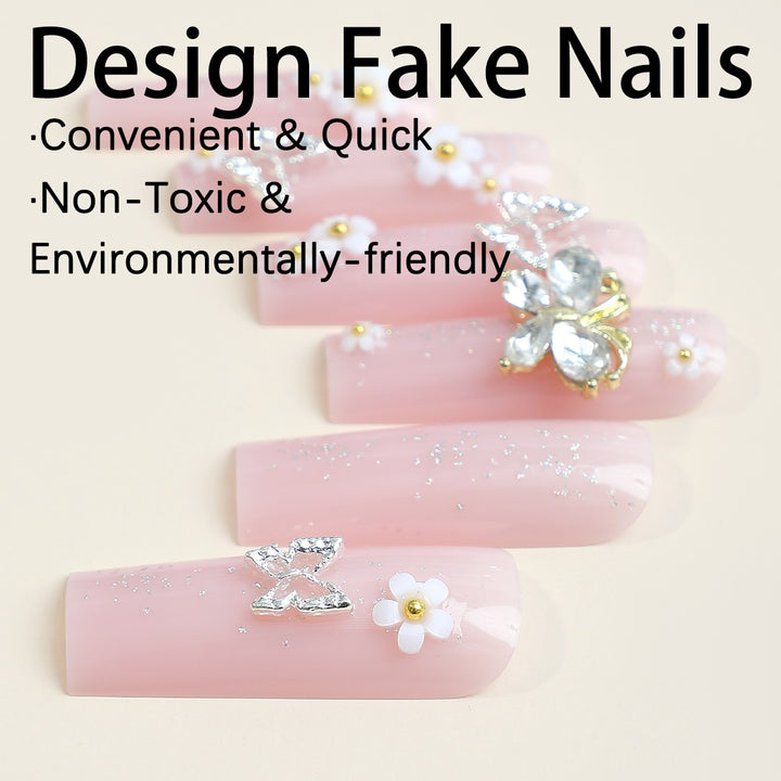 Acrylic Nail Set with Elegant 3D Flowers and Glitter Details Kalsten