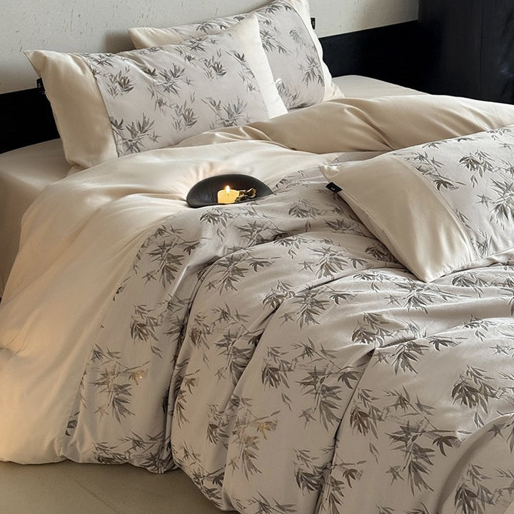 Satin bedding set with fine bamboo leaf print and silky soft finish