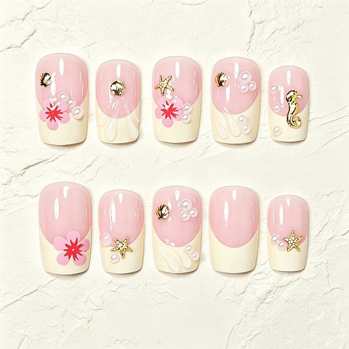Tropical Shell and Flower Press-On Nail Art Kalsten