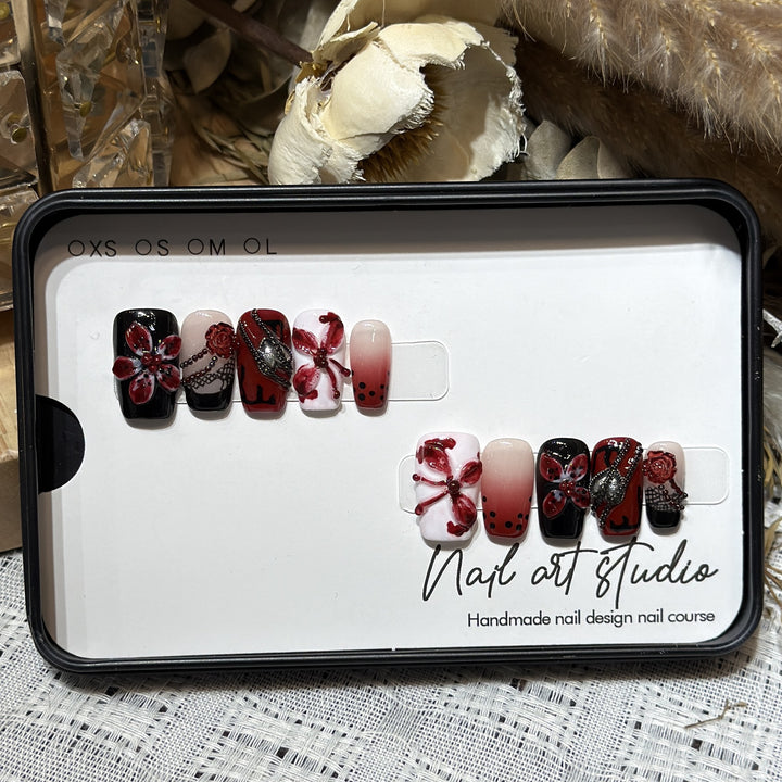Artistic Nail Decoration Press-On Set with Unique Floral and Gemstone Designs Kalsten