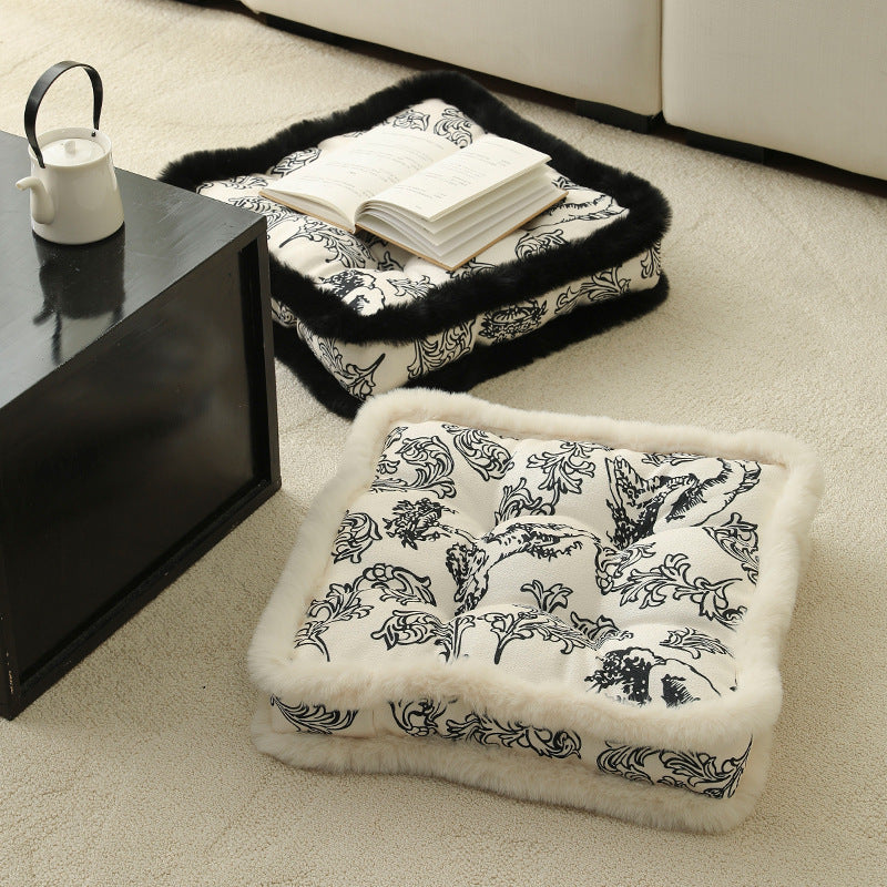 Decorative square seat cushion with baroque angel print and faux fur trim Kalsten