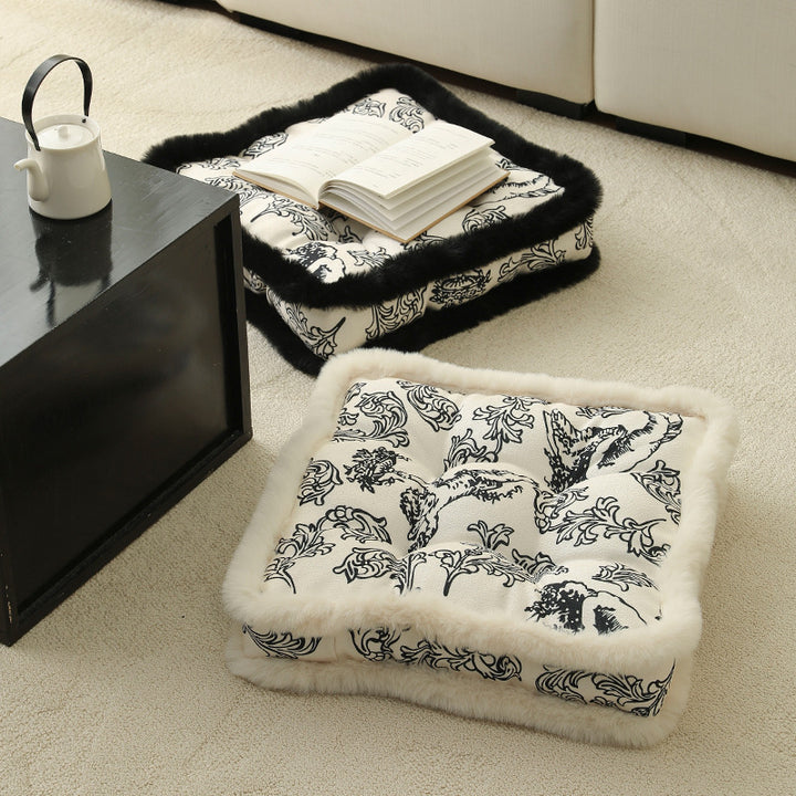 Decorative square seat cushion with baroque angel print and faux fur trim Kalsten
