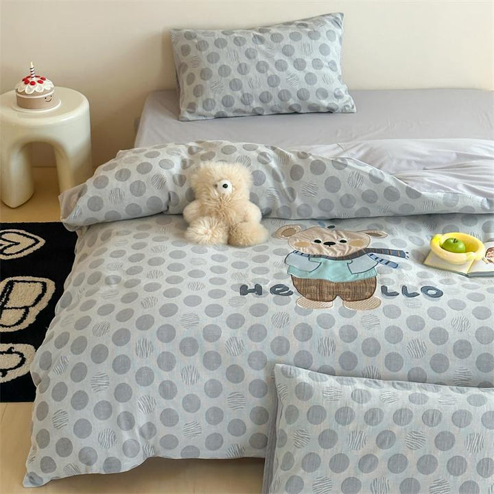 Cotton bed linen set with bunny appliqué and subtle dot jacquard