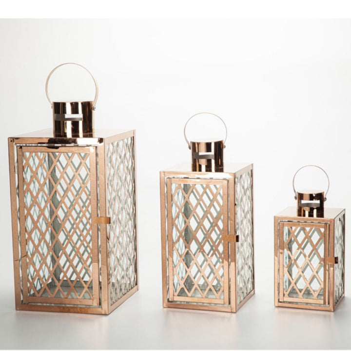 Modern Polished Lattice Metal Lantern Collection with Hinged Door and Top Loop Handle Kalsten