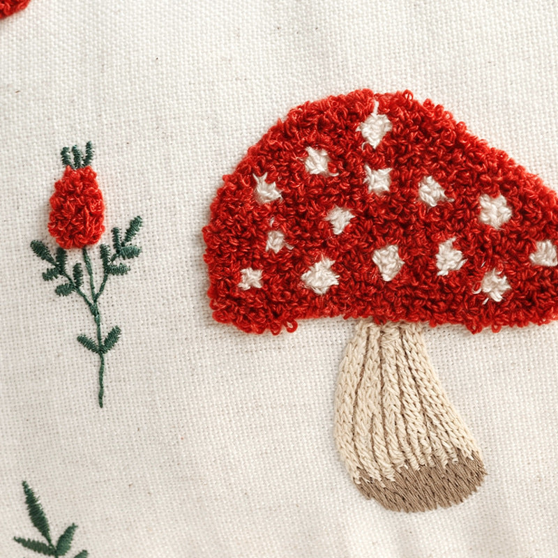 Embroidered Mushroom Linen Lumbar Throw Pillow Cover