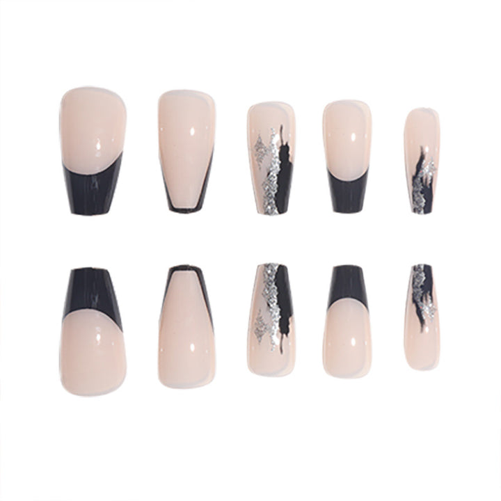 Elegant Stiletto Press-On Nails with Artistic Black Tips and Silver Accents Kalsten