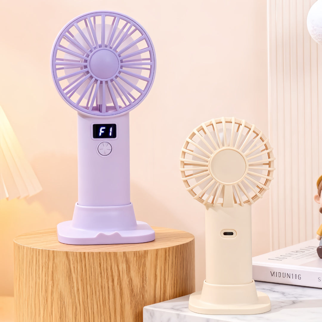 Unisex compact USB battery hand fan with LCD display and three-speed Kalsten