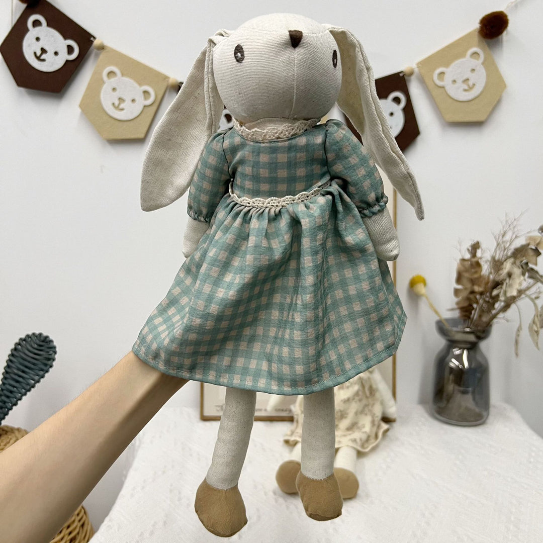 Handmade Linen Plush Mouse Doll with Gingham Overalls