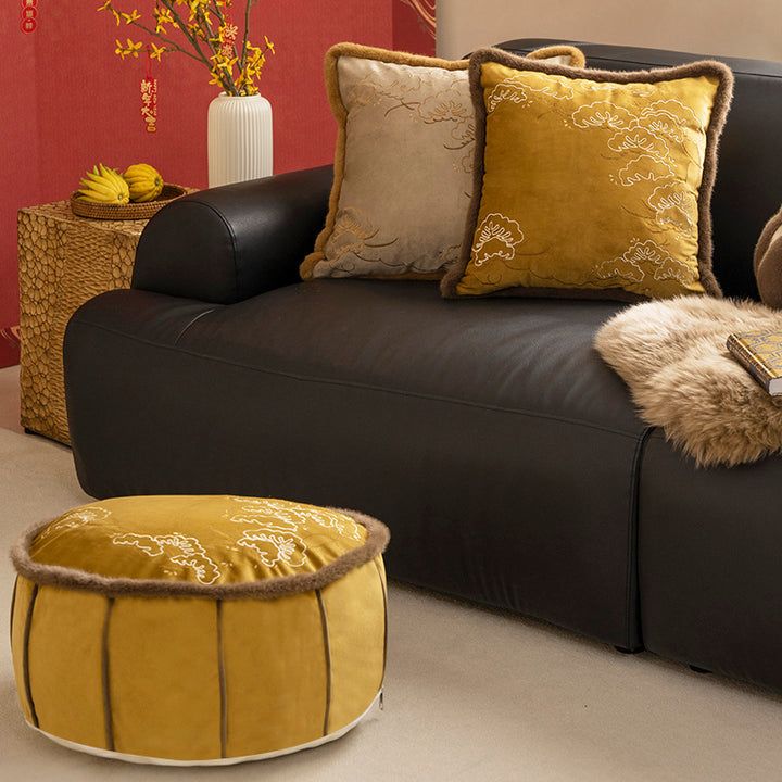 Round padded floor seat pouf with embroidered top and faux fur trim Kalsten