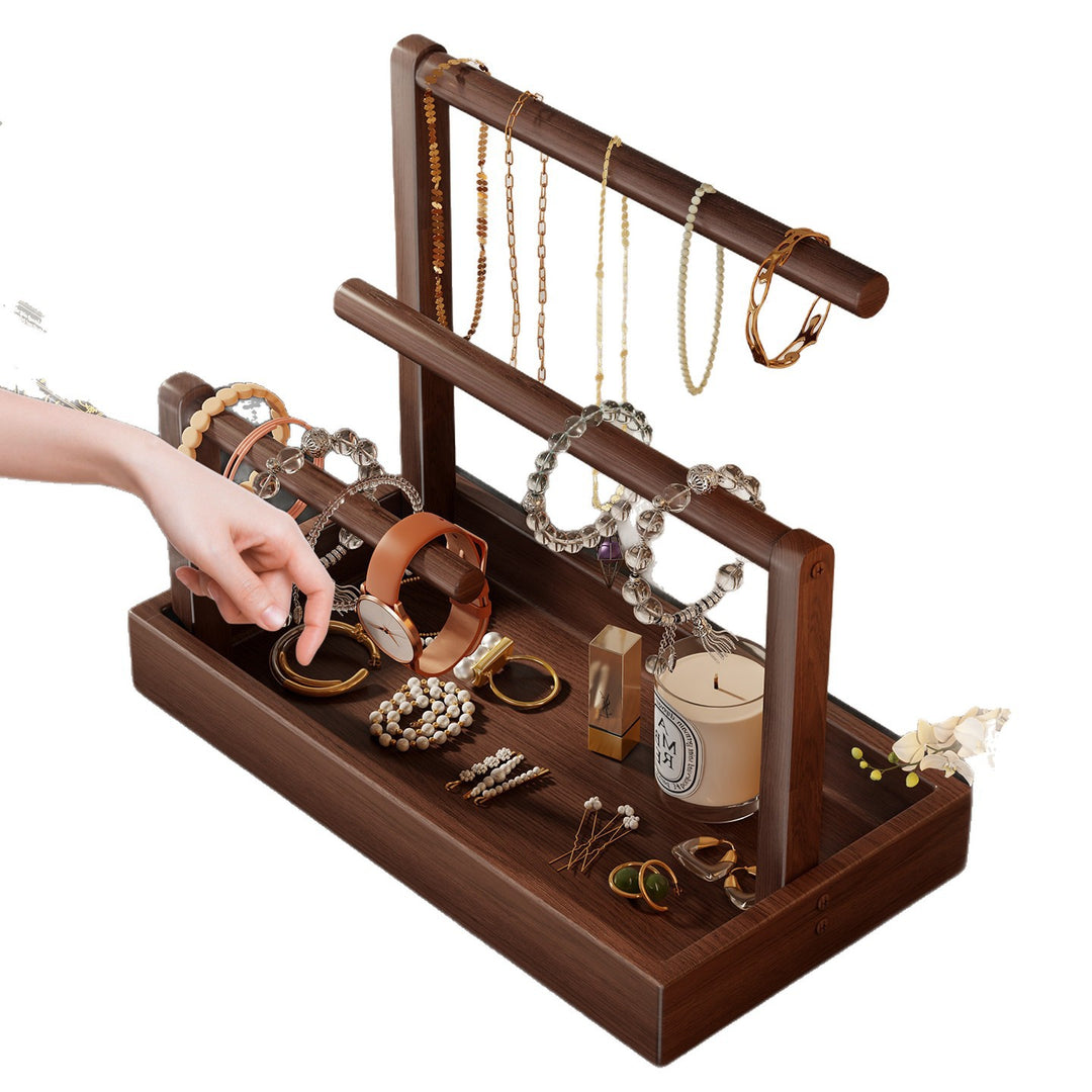 Tiered Wooden Jewelry and Watch Organizer with Tray and Hanging Rods
