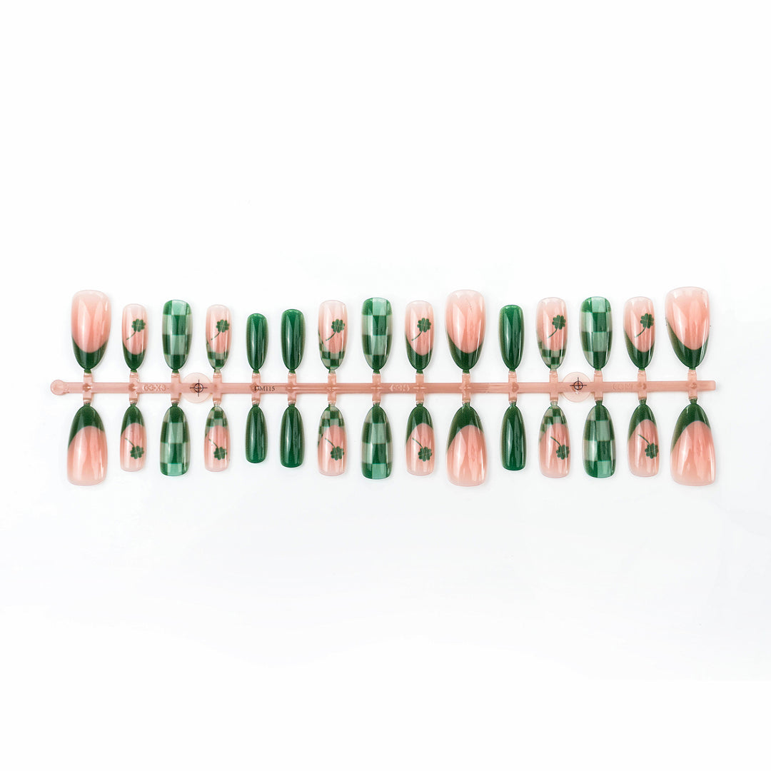 Themed Press-On Nail Art Set with Clover and Plaid Design