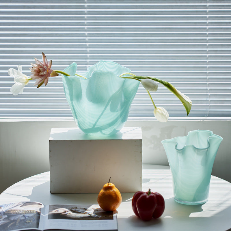 Handblown Tall Ruffled Rim Glass Vase Kalsten