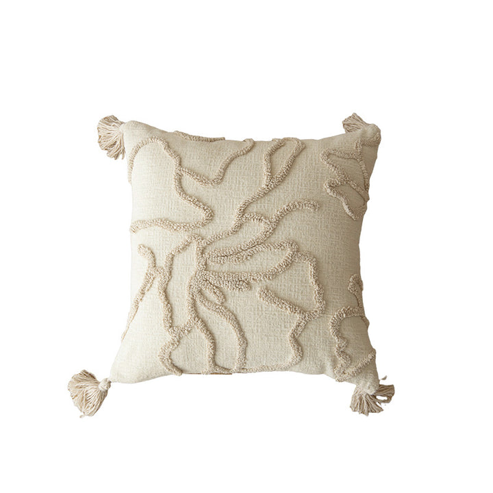 Abstract Raised-Loop Tufted Square Cushion Cover with Knotted Corner Tassels