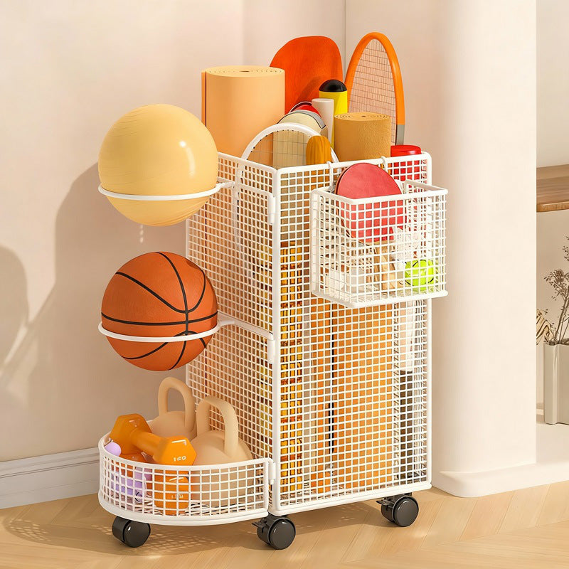 Vertical Rolling Sports Equipment Organizer Cart with Dual Ball Shelves and Mesh Storage Baskets
