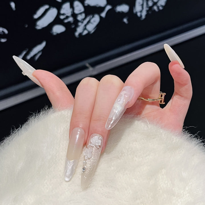 Artistic Long Press-On Nail Set with Elegant Floral Design Kalsten