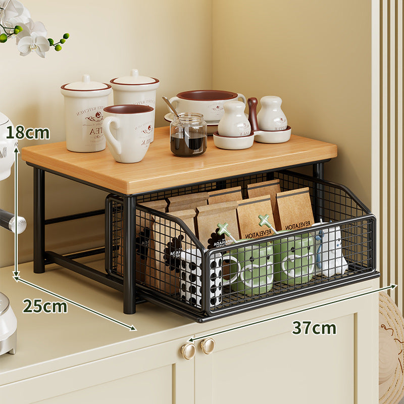 Sliding Mesh Cabinet Basket with Wood-Top Counter Riser