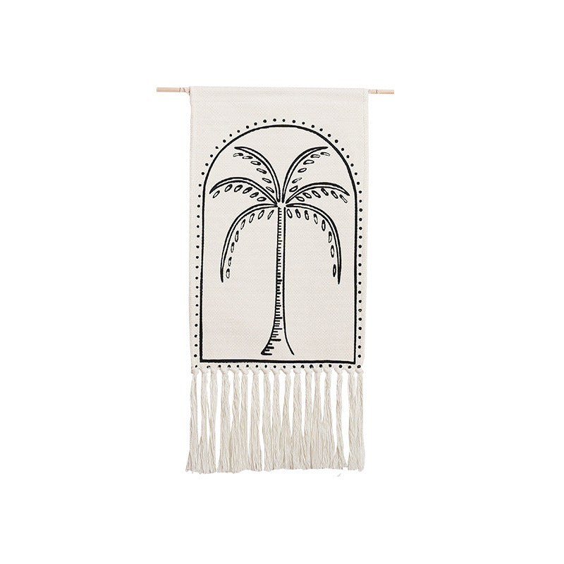 Woven wall hanging with hand-drawn mushroom motif and long cotton fringes Kalsten